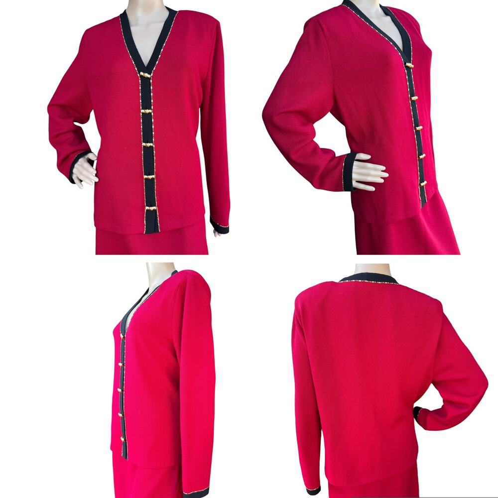 St. John Collection Red & Black Santana Knit Suit Skirt Jkt 12 Skrt 16 - Picture 2 of 16